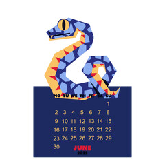 June calendar for 2025 with a snake in the colors of Future Dusk. New Year of the snake. Lunar New Year or Chinese New Year. blue curved snake on a dark. a character about the animals of the zodiac