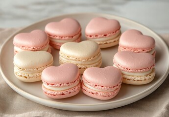 Obraz premium Heart-Shaped Macarons in Soft Pink and Cream Colors Arranged on a Plate, Perfect for Celebrations, Romance, or Sweet Treats Moments