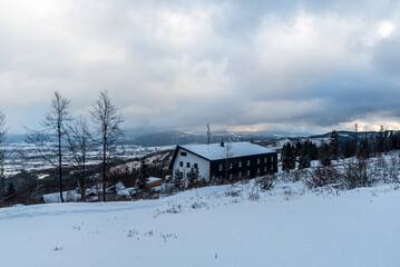 View from KOzubova hill in winter Moravskoslezske Beskydy mountains in Czech republic