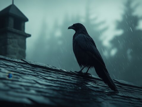 A solitary crow perched on a rain-soaked rooftop against a misty, atmospheric backdrop. - Powered by Adobe