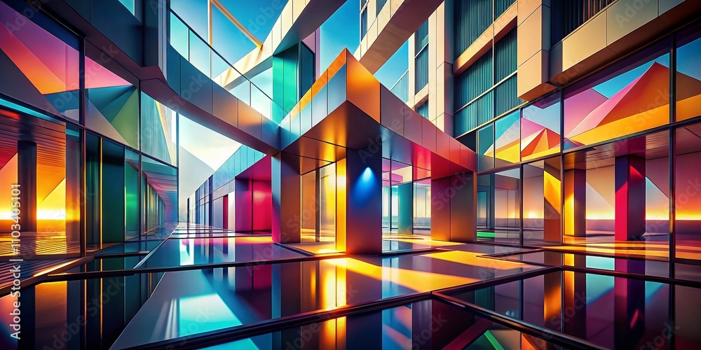 Poster bright abstract geometry in minimalist architecture: a 3d render with sharp shadows and vibrant ligh