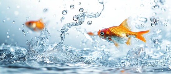 A vibrant underwater scene featuring goldfish splashing in clear water.