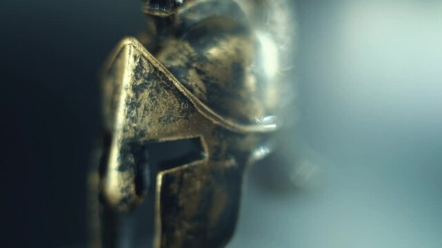 A close up macro detailed smooth steady shot of a spartan face design, wet warrior metal bronze helmet, on a 360 rotating stand, studio lighting, slow motion 120 fps