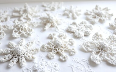 A cluster of crocheted snowflakes, delicately arranged on a white surface