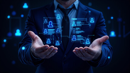 Male businessman with holographic interface electronic profile . Generative AI