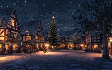 Fototapeta premium A cozy European village square at night, decorated with twinkling holiday lights and a tall Christmas tree in the center