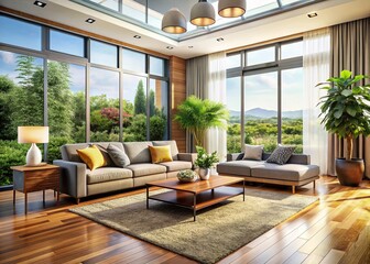 Fototapeta premium Bright and Inviting Modern Living Room with Air Conditioner and Abundant Natural Light, Showcasing Stylish Furniture and Elegant Decor for a Cozy Atmosphere