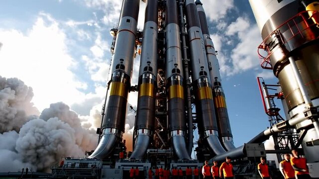 Engineers and technicians dressed in orange suits gather around a large rocket at the launch pad, preparing for an upcoming mission