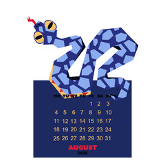 august calendar for 2025 with a snake in the colors of Future Dusk. New Year of the snake. Lunar New Year or Chinese New Year. blue curved snake on a dark. a character about the animals of the zodiac