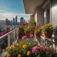 Fototapeta premium A balcony garden with colorful flowers and a view of the city.