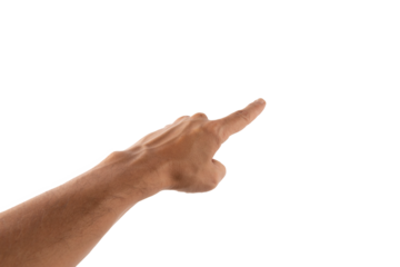 Male hand pointing forward isolated on white background