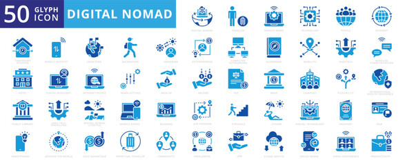 Digital nomad icon of job, business, lifestyle, people, technology, social media, hotel, smartphone, bank, community, entrepreneur, passport, wealth, tax, freelancer, income, backpacker, productivity