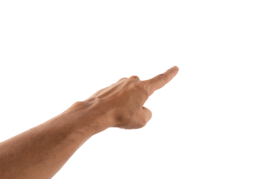 Male hand pointing forward isolated on white background