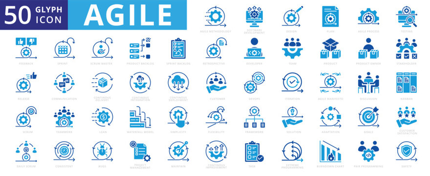 Agile icon set of maintain, sprint, team, stakeholder, design, retrospective, framework, communication, delivery, teamwork, safety, product, discussion, feedback, project management, scrum, developer