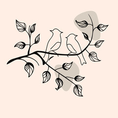 Naklejka premium a black and white illustration of a tree branch with three birds perched on it