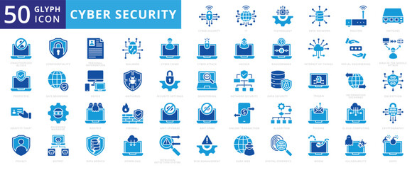 Cyber security icon set of phishing, firewall, ransomware, technology, cloud computing, privacy, hacker, cryptography, encryption, algorithm, antivirus, worm, internet of things, malware, download