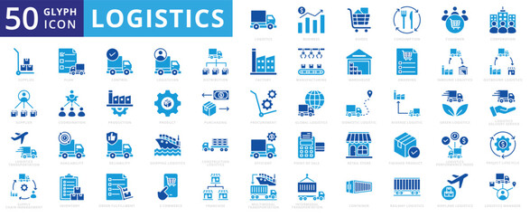 Logistics icon set of supplier, construction, purchasing, inventory, manager, business, green, airplane, warehouse, factory, global, transportation, manufacturing, domestic, container, customer, goods