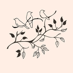 a black and white illustration of a tree branch with three birds perched on it