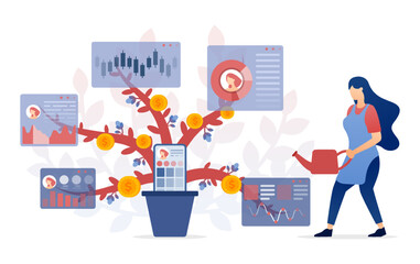 vector illustration of Women nurturing plants to symbolize the growth of an investment portfolio, showcasing wealth and profit generation in a symbolic financial and business concept