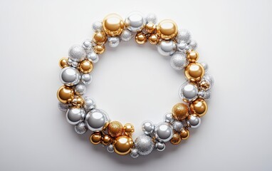 A circle made of alternating gold and silver baubles, creating a modern wreath design on white 