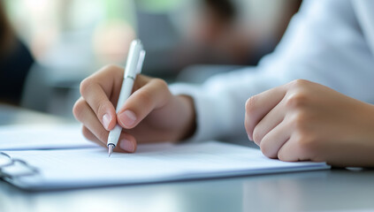 Closeup of Focused Student Writing on Paper with a Pen in a Quiet Setting. Examination, Test Exam, Admission, Back to School Concepts. Generative AI