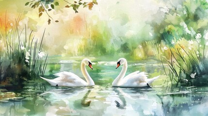 Two White Swans Facing Each Other in a Watery Landscape