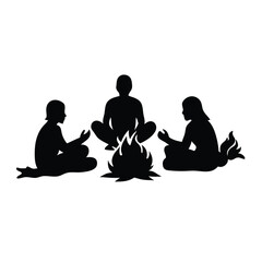 a black silhouette of three people sitting around a campfire