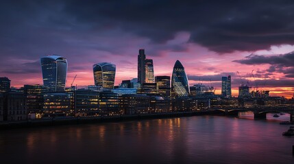 Obraz premium A panoramic view of the London skyline at sunset.