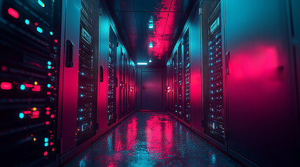 Futuristic server room with glowing neon lights