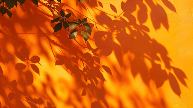 Shadow of leaf tree on orange background. Sun day. Overlay, copy space.