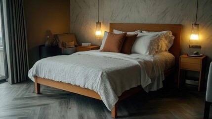 A luxurious guest room featuring a wooden bed frame