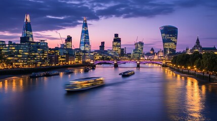 Fototapeta premium A panoramic view of the London skyline at sunset.