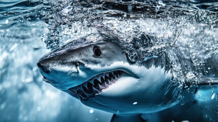Naklejka premium Majestic Great White Shark Breaking Through Ocean Surface with Splashing Water Captured in Stunning Underwater Photography
