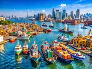 Fototapeta premium Bustling Harbour with Boats and Cranes on the Left Side, Showcasing Vibrant Activity and Copy Space for Text or Branding Use, Perfect for Maritime and Shipping Themes