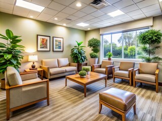 Cozy and Inviting Waiting Room Seating with Stylish Furniture, Natural Light, and Calming Colors for a Relaxing Atmosphere in a Modern Healthcare or Office Environment