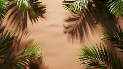 Palm leaves and shadows on brown background. Copy space, summer concept.