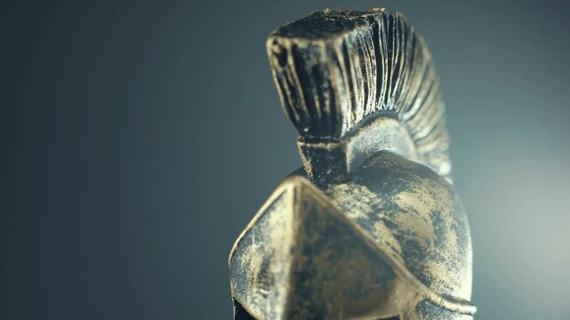 A macro smooth steady shot of a spartan design, wet warrior metal bronze helmet, on a 360 rotating stand, studio lighting, glow flare, water drops