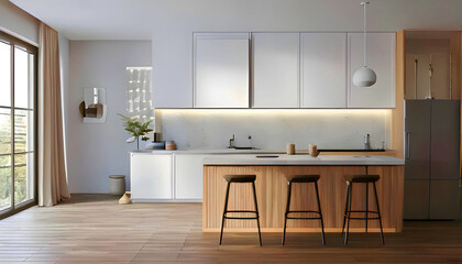 White home kitchen interior with bar island and cabinet, window. Mock up poster