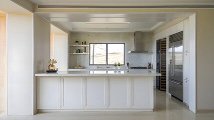 White home kitchen interior with bar island and cabinet, window. Mock up poster
