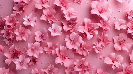 Flower blossom pattern on pink background. Flowers in volume fly, 3d effect.