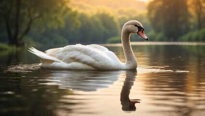 Fototapeta premium Swan Gliding Across Calm Lake