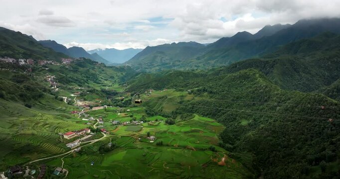 Cableway of Sun World Fansipan Legend, Sapa, Hoang Lien Mountain Range, Vietnam. Aerial lateral view