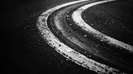 curved tire skid marks on asphalt road,speed, motion, black and white close-up