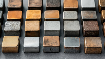 Fototapeta premium Close-up of rows of small square metallic cubes with varying textures and colors, including bronze, silver, and rust tones, arranged on a dark surface.