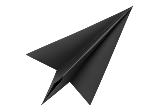 Black paper plane. Isolated asset with transparent background.
