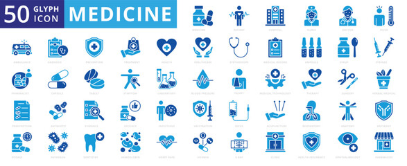Medicine icon set of fever, efficacy, symptom, health, pharmacist, injury, vaccination, treatment, antibiotic, dosage, anatomy, hospital, therapy, clinic, tablet, insurance, nurse, laboratory, pill