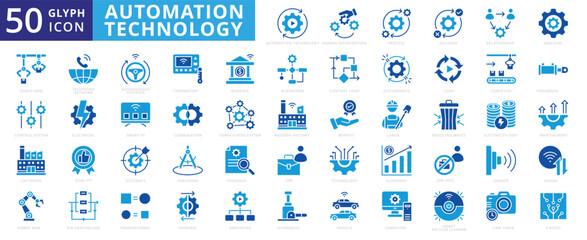 Automation technology icon set of computer, vehicle, banking, machine, relationship, electrical, economic, signal, algorithm, process, decision, hydraulic, labor, conveyor, sensor, circuit, thermostat