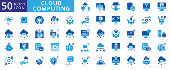 Obraz premium Cloud computing icon set of database, software, vendor, vpn, computer, security, internet, web, company, hardware, maintenance, server, firewall, cpu, information, algorithm, data center, software