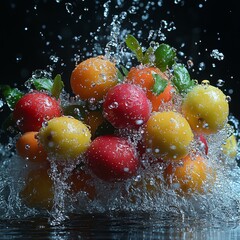 A vibrant splash of colorful fruits, including apples and oranges, creates a dynamic visual against a dark background.