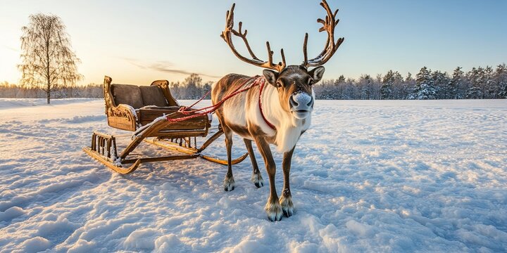 Reindeer pulling sleigh in snowy winter landscape at sunset